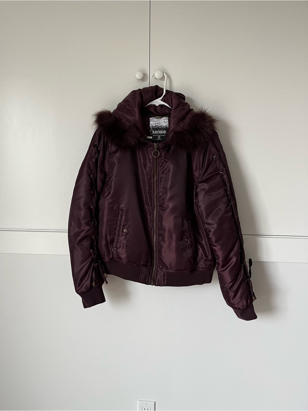 kensie Deep Burgundy Bomber Jacket with Faux Fur Hood